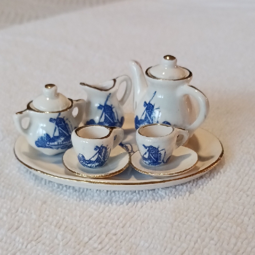 Porcelain Childs Miniature Blue and White Tea Set